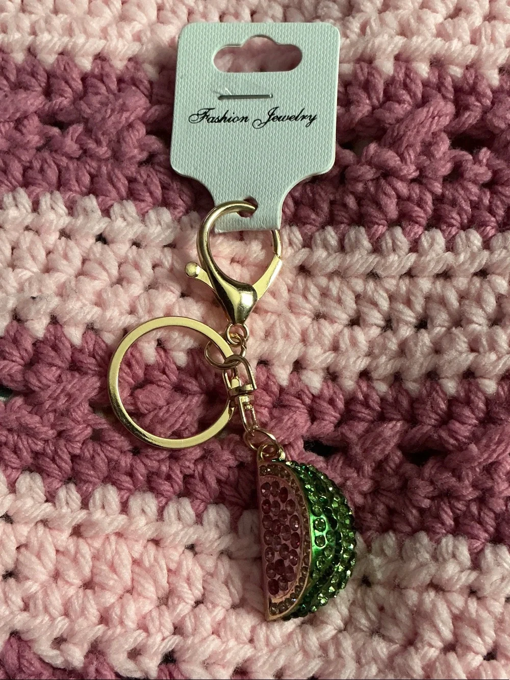 Fashion Jewelry Gold Watermelon Rhinestone Keychain with Pink & Green Accents